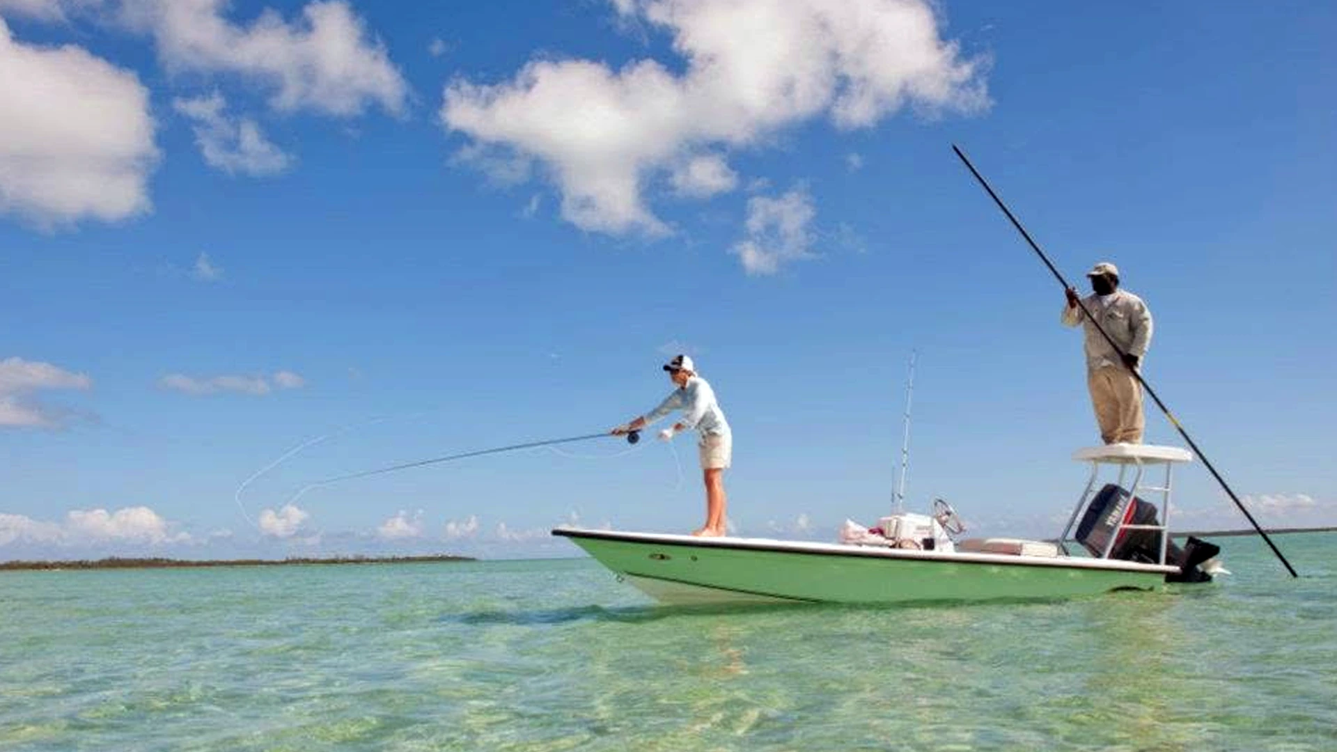 For flats fishing at Swain's Cay Lodge in The Bahamas, 16 and 17-foot Action Craft and Dolphin flats skiffs powered by 75-HP Yamaha outboards.