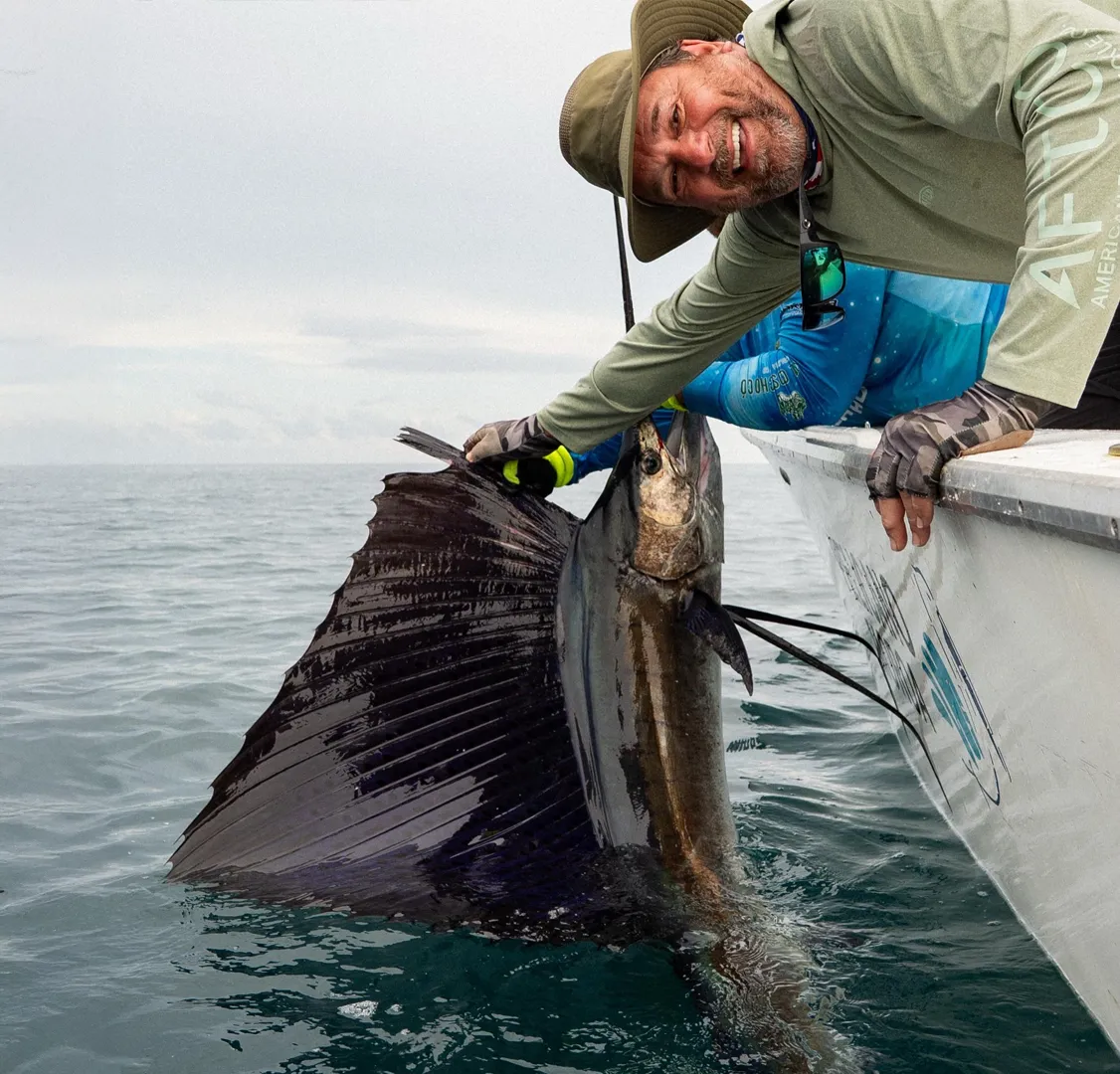 Dan with a Sailfish During our 2026 hosted fishing trip in Bahia Solano in Colombia, several sailfish were brought to the boat.