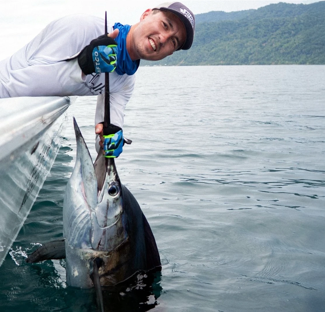 Torsten with a Sailfish A Pacific sailfish near the boat during our 2026 hosted fishing trip at Bahia Solano in Colombia.