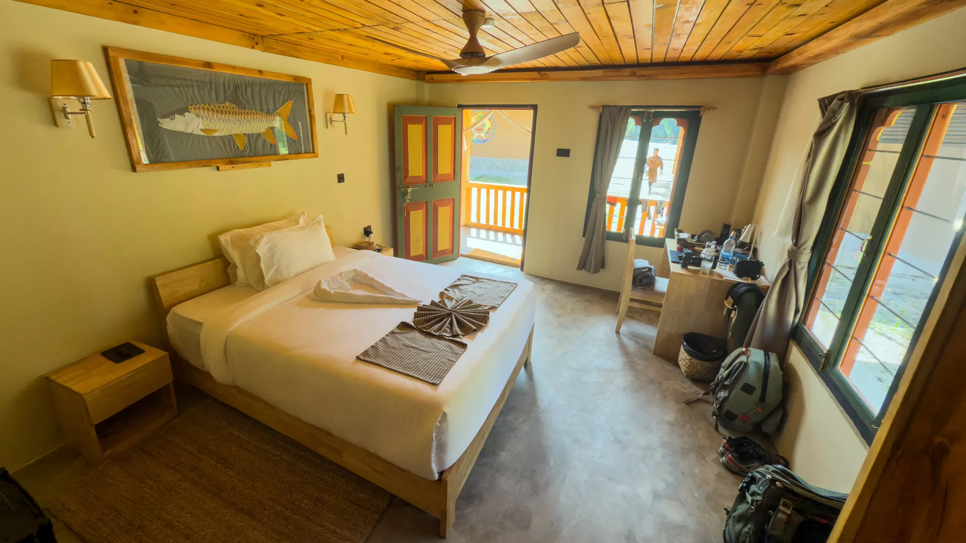 Manas River Lodge features six riverside bungalows with queen beds, electricity, and Starlink Wi-Fi.