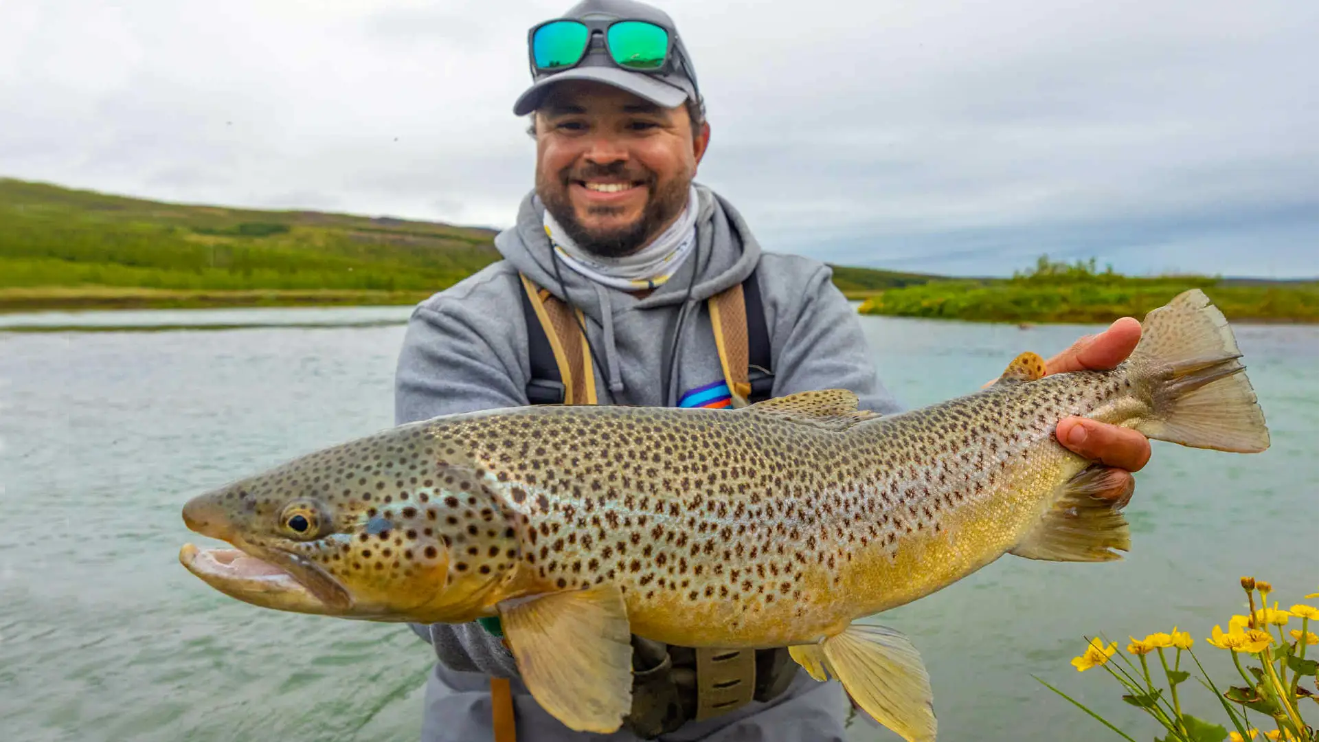 Brown trout fishing at Long Valley Lodge on the Blanda River in northern Iceland.