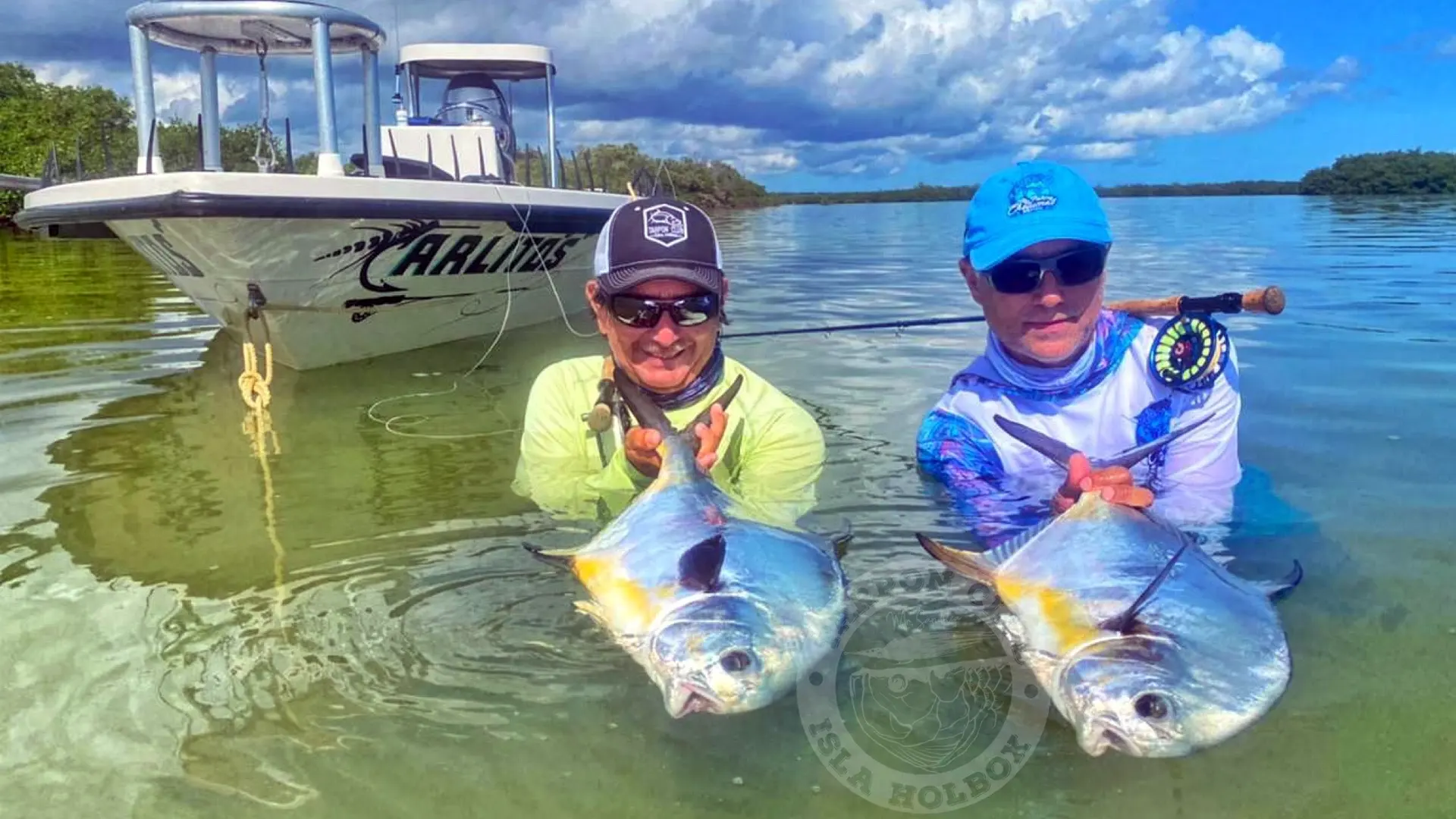 Sandflea and another angler with a permit double at Holbox Island, Mexico.