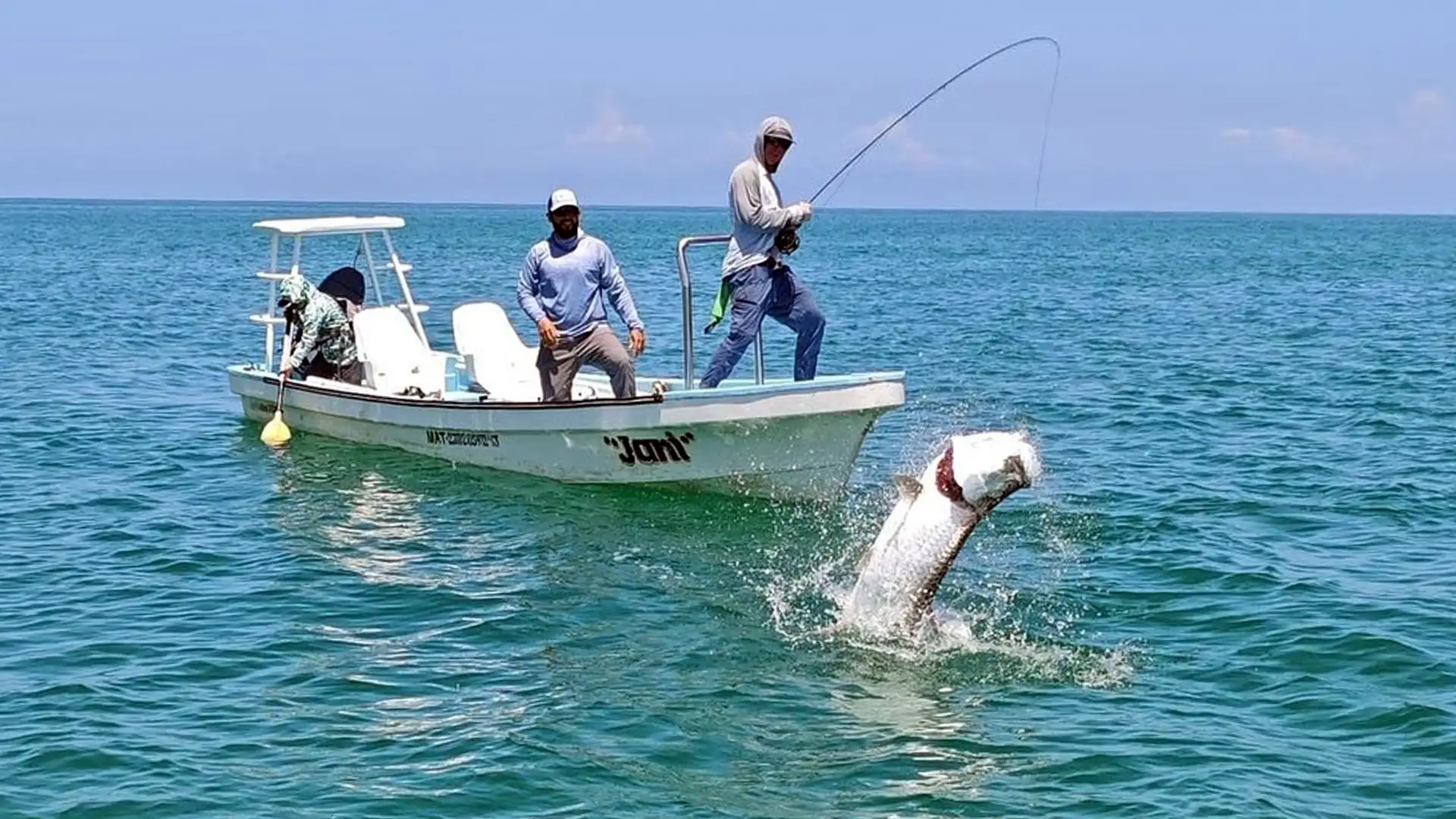 Two Guides Holding Tarpon Over the Side of the Boat