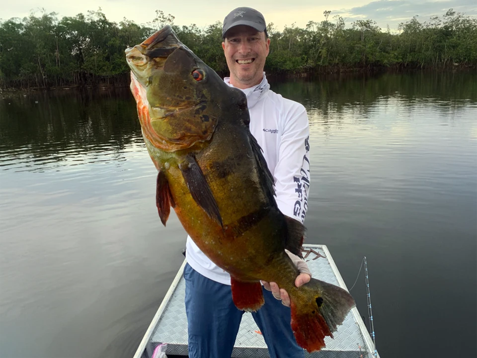 Fly or lure fish the Uneuixi River Peacock Bass in Brazil and stay in floating cabins.